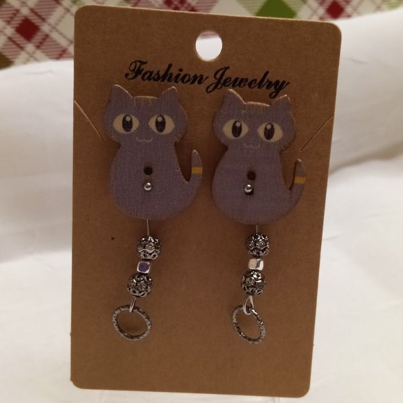 Home Made Handmade Wood & Metal Cat Gray & Yellow Button Earrings #44 - Picture 10 of 10